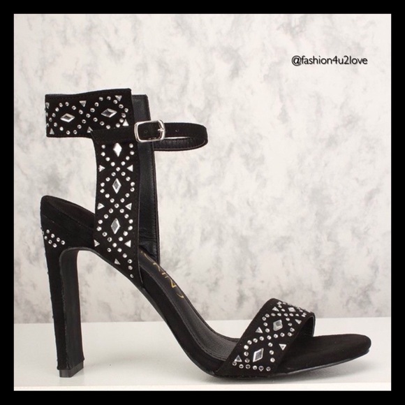 Black Gemstone Embellished Ankle Strap High Heels. - Picture 3 of 6